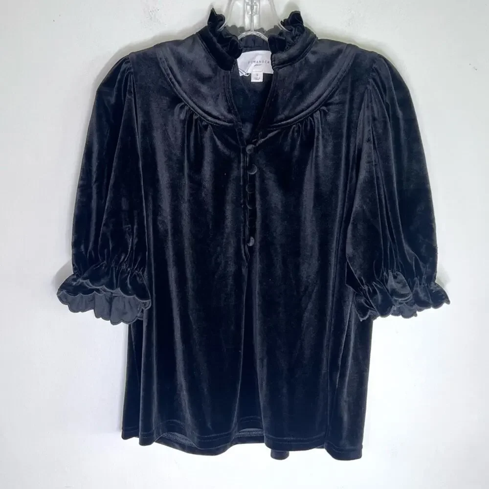 New Pomander Place Tuckernuck Selena Velvet Ruffle Top Black Sz S